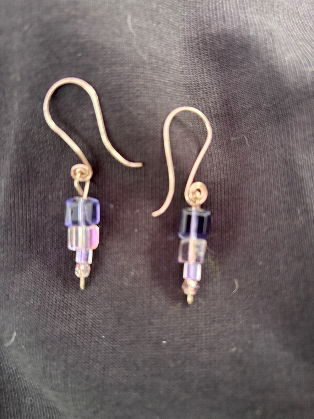 Purple Glass Bead Drop Earrings on Gold-Tone Hooks